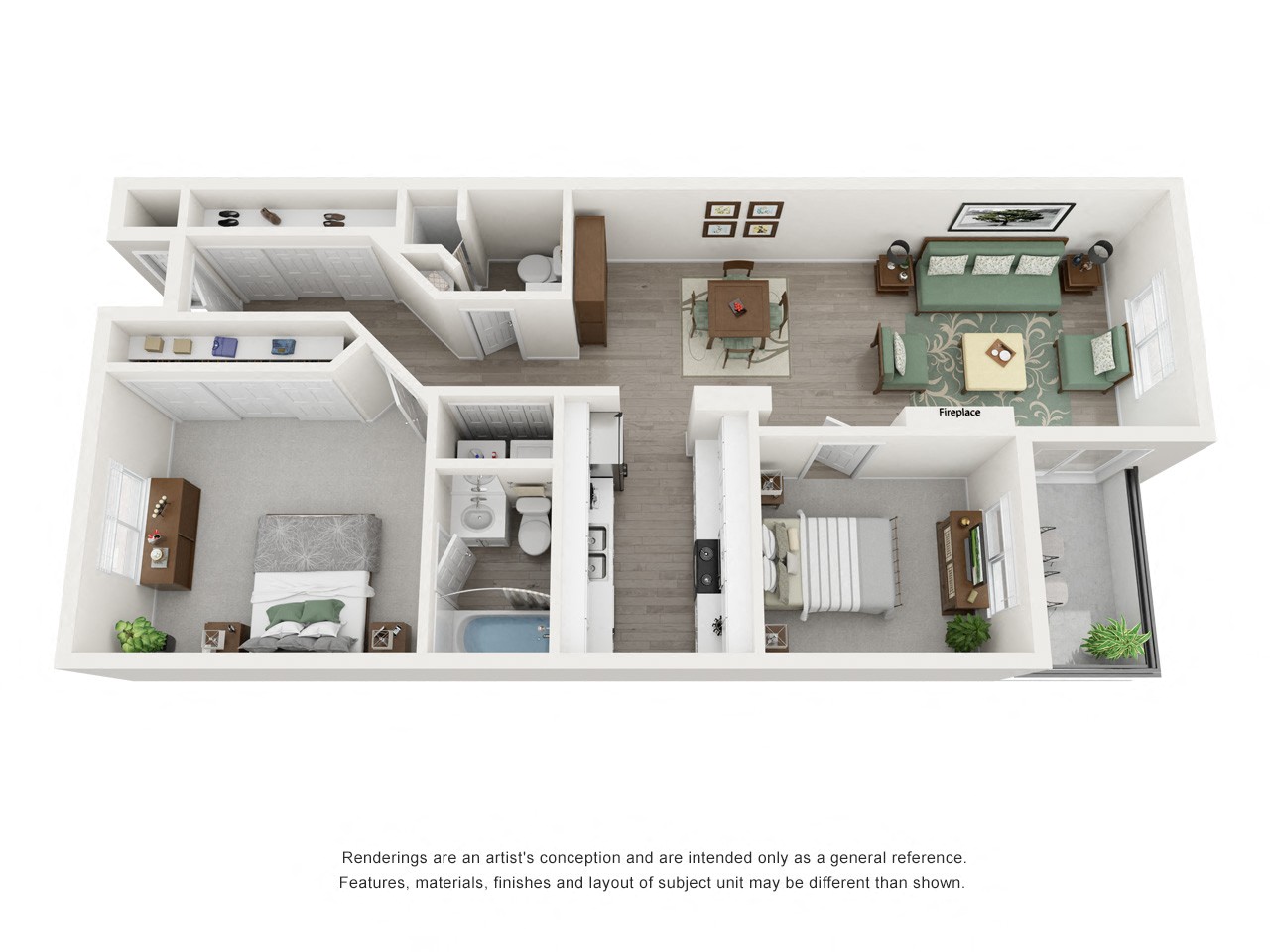 Floor plan for 2 beds, 2 baths, 985 sqft